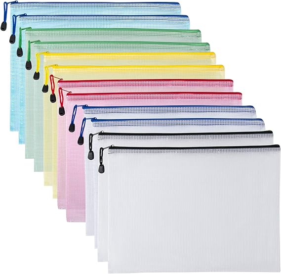 SUNEE Plastic Mesh Zipper Pouch 9x13 in (6 Colors, 12