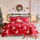 Christmas Quilt Set 3 Pieces King Size, White Deer and Snowflake on Red Xmas Design Reversible Bedspread Coverlet Set, Soft M