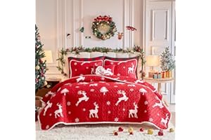 Flysheep Christmas Quilt Set 2 Pieces Twin Size, White Deer and Snowflake on Red Xmas Design Reversible Bedspread Coverlet Set, Soft Microfiber Lightweight Bed Cover for Kids (1 Quilt+ 1 Pillow Sham)
