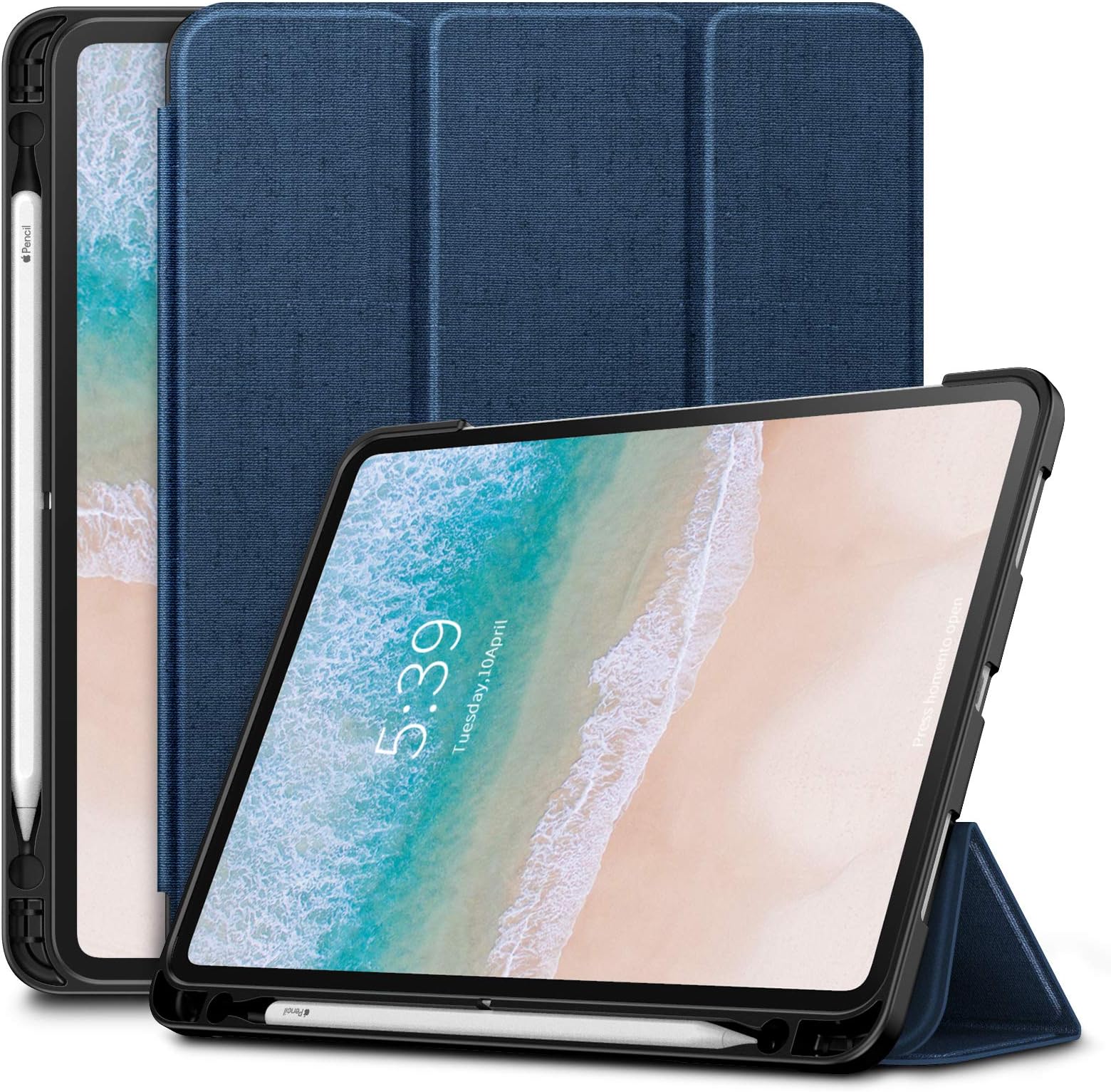 Infiland iPad Pro 11 2018 Case with Apple Pencil Holder, Tri-Fold Cover Case Compatible with iPad Pro 11 Inch 2018 Release (Support 2nd Gen Apple Pencil Charging, Auto Wake/Sleep), Navy