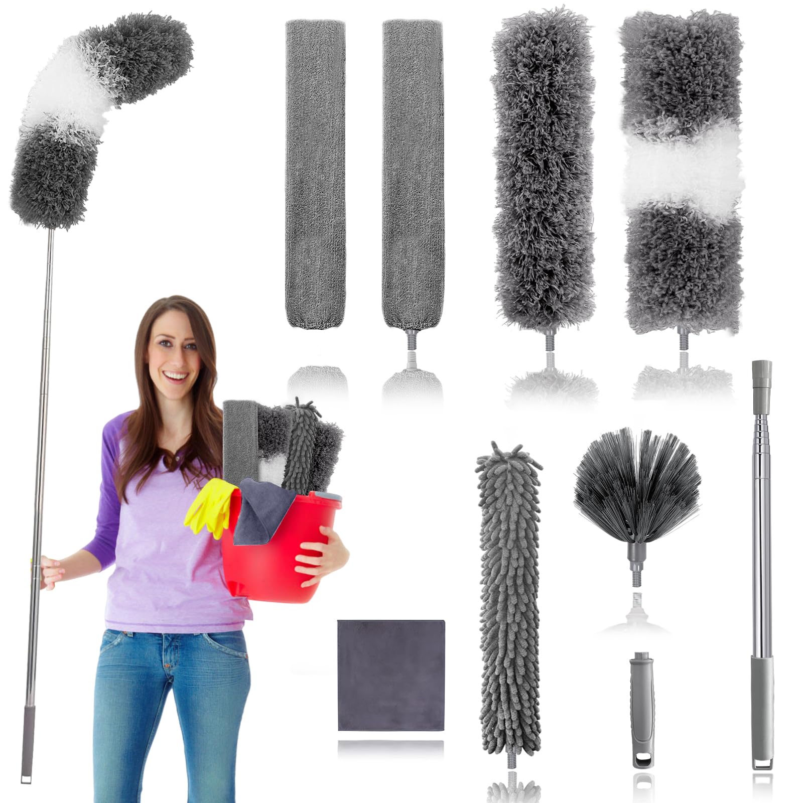 Photo 1 of Dusters for Cleaning,9Pcs Feather Duster with Extension Pole Up to 100'',Bendable Extendable Long Feather Duster for Cleaning Fan,High Ceiling,Blinds,Furniture,Cars