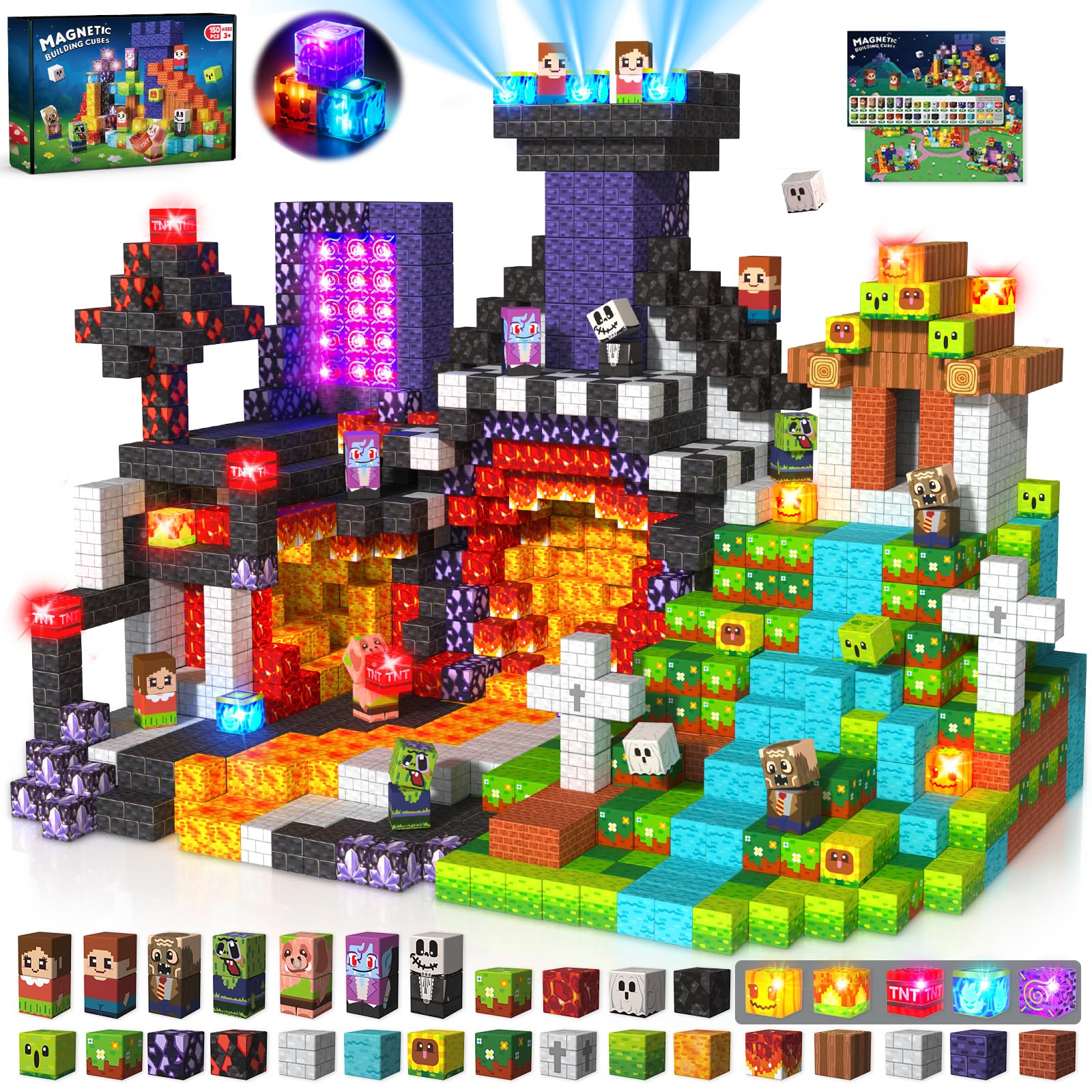 Magnetopia Magnetic Blocks, 150 PCS Magnetic Building Blocks Flashing Light Cubes, Cute Zombies Meet Sunflower Stacking Tiles STEM Sensory Toys Gifts for Kids Boys Girls Ages 3 4 5 6 7 8 9 10 — image 1
