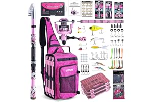 Goture Pink Telescopic Fishing Rod and Reel Combo - Lightweight Sling Bag, Spinning Reel & Lures Set for Travel Camping, Fres