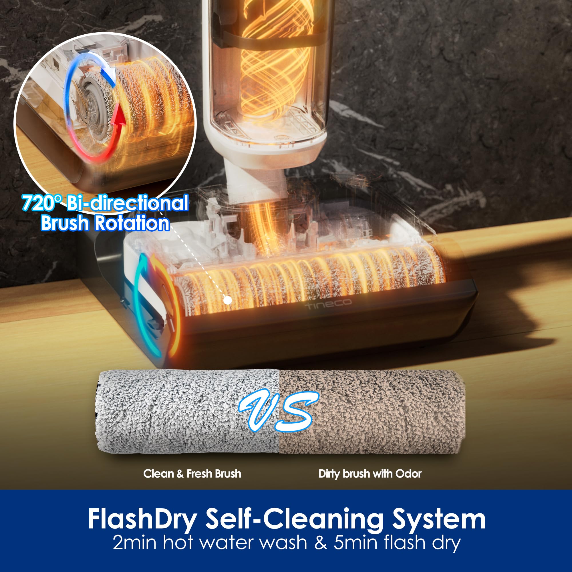 Tineco Floor ONE Stretch S6 Aspiradora inalámbrica en seco y húmedo, trapeador aspirador inteligente plano de 180 °, tiempo de ejecución de 40 minutos, autolimpieza Flashdry de 158 ℉, limpieza de bordes de doble cara, limpiador de pisos liviano