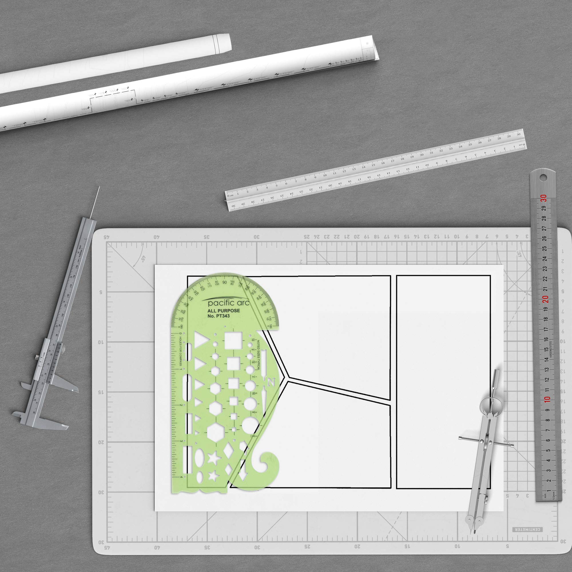 Pacific Arc All Purpose Template Guide, Featuring A Protractor, 4 Inch Ruler, French Curves, and Standard Shapes