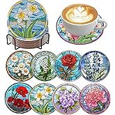 8 PCS Flowers Diamond Art Coasters Kits, Diamond Painting Coasters with Holder Set of 8, DIY Drink Coasters Art Crafts Supplies for Adults Cup Mat for Home Decor House Warming Gifts Non-Slip 3.9inch