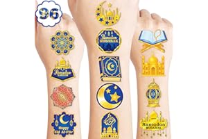 91TATTOOS 96 PCS Happy Ramadan Mubarak Eid Al Fitr Pre-Cut Temporary Tattoos for Kids | Super Cute Themed Birthday Party Favors, Supplies, Decorations, Fake Tattoo Stickers, School Rewards & Gifts Boys & Girls