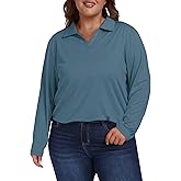 MoFiz Women's Plus Size Golf Long Sleeve Polo Shirts V Neck Workout Casual Loose Fit Tops XL-5XL