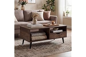 Giantex Wood Coffee Table with Storage Drawer, 36.5 Inch Rustic Center Table with Open Shelves, Farmhouse Accent Cocktail Tab