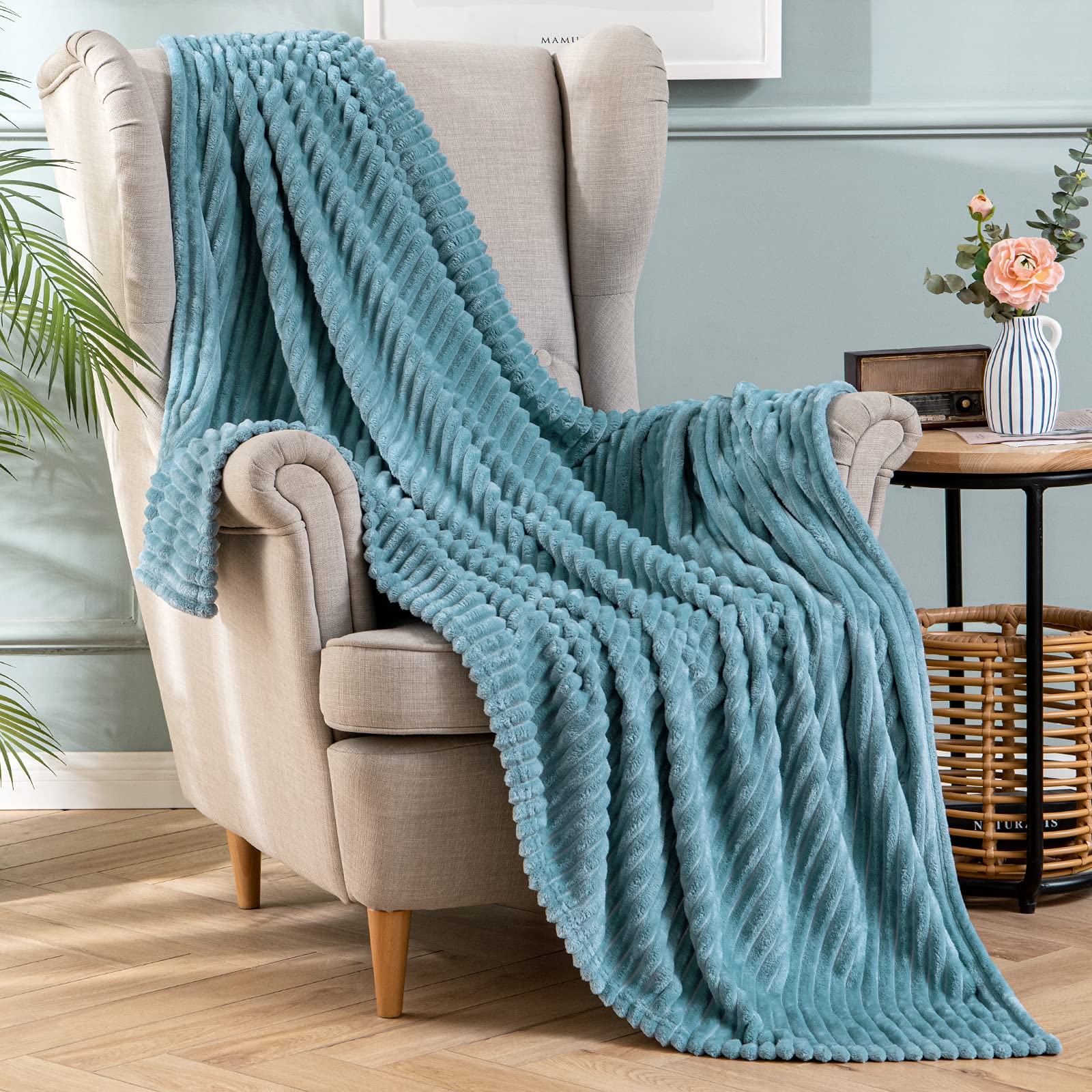 MIULEE Flannel Fleece Throw Blankets Soft Warm Comfortable Throws for Sofa Corduroy Fluffy Blanket Bed Throw for Bedroom Couch Travel Kids Bedroom Accessories 50x60Inch Grey-blue — image 1