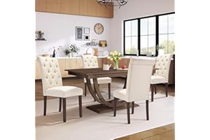 COLAMY Tufted Dining Chairs Set of 4, Accent Parsons Diner Chair Upholstered Fabric Stylish Kitchen Chairs with Solid Wood Legs and Padded Seat, Beige