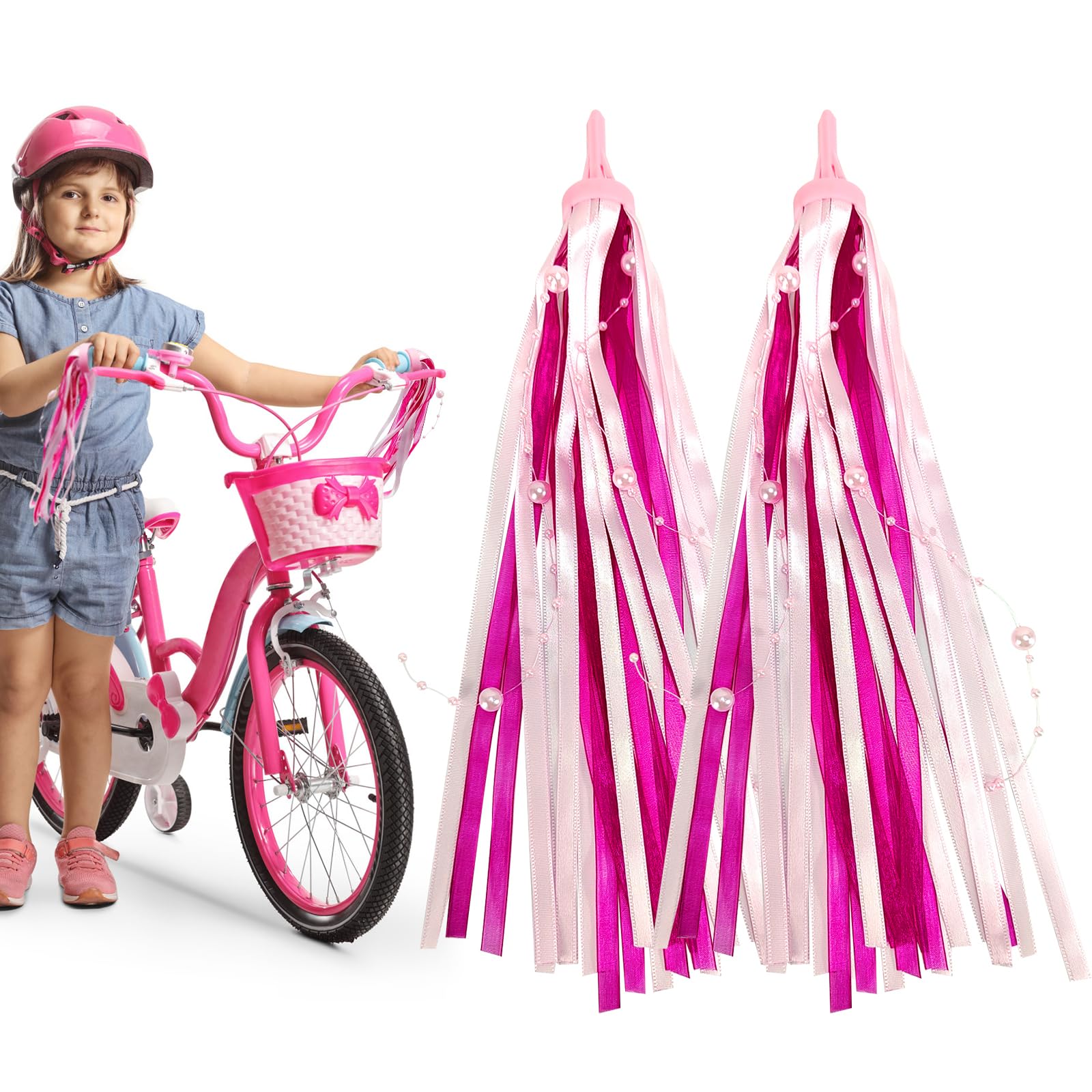 EQLEF Childrens Bike Streamers for Girls, Pink Bike Tassels Bicycle Handlebar Streamers Bike Ribbon Streamers for Girls Bicycle Decor