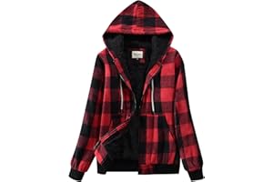 Shawnda Women's Flannel Casual Plaid Full Zip Up Sherpa Lined Hoodie Jacket Coat with Pockets