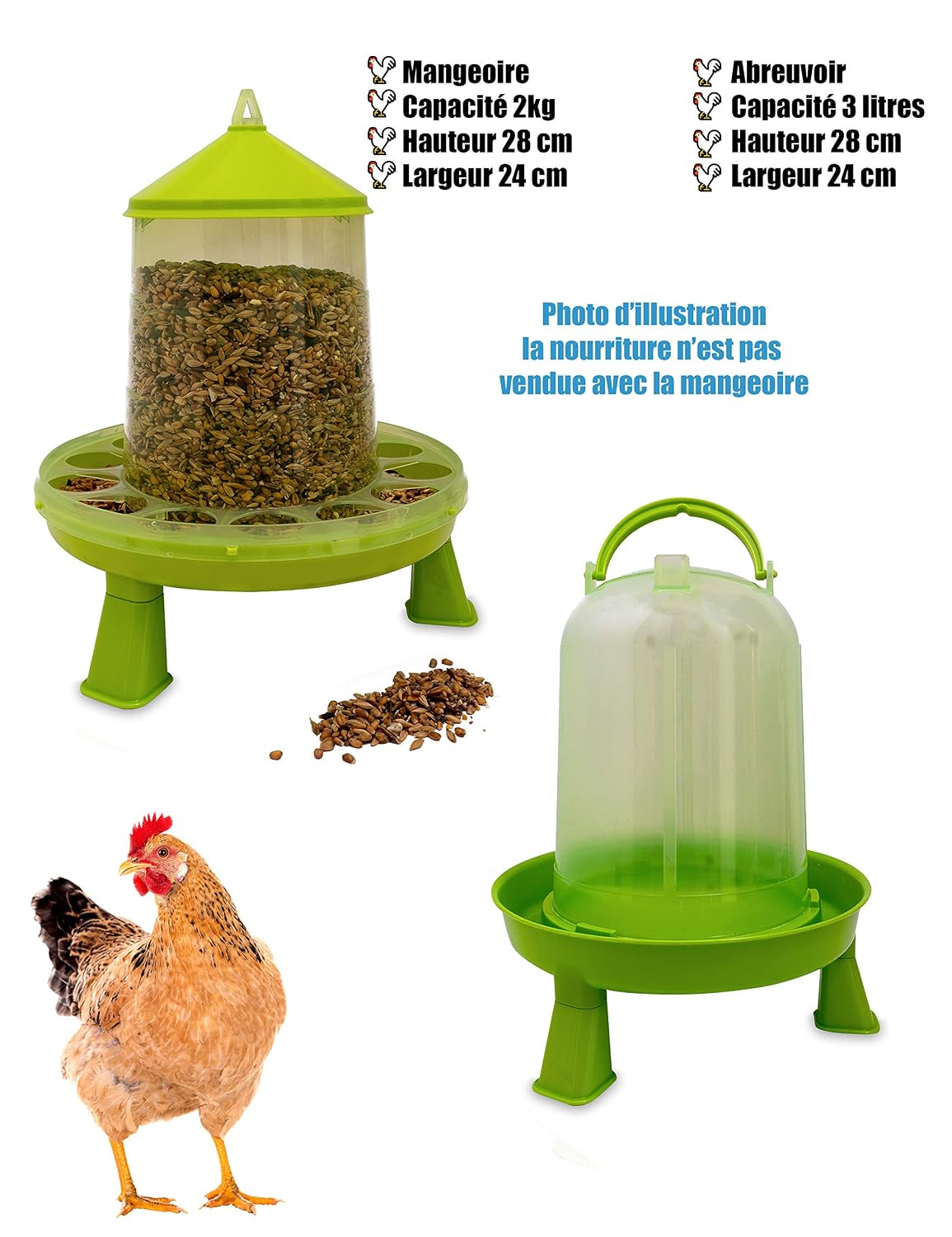 Mangeoire poules 2 kg et abreuvoir poules 3L distributeur 