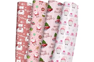 SaringSwoon Pink Christmas Wrapping Paper for Boys Girls Kids - Xmas Gift Wrap With Santa, Gnome, Rustic Red Trucks, Polar Bear on Pink Designs - 20×29 Inches, 8 Folded Sheets, Recyclable
