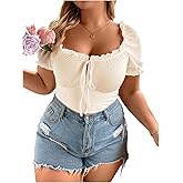 SOLY HUX Women's Plus Size T Shirts Frill Tie Front Sweetheart Neck Tee Puff Short Sleeve Summer Tops