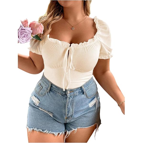 SHENHE Women's Off Shoulder Ribbed Crop Top – Short Sleeve, Frill Trim, Fitted Tee - View #10