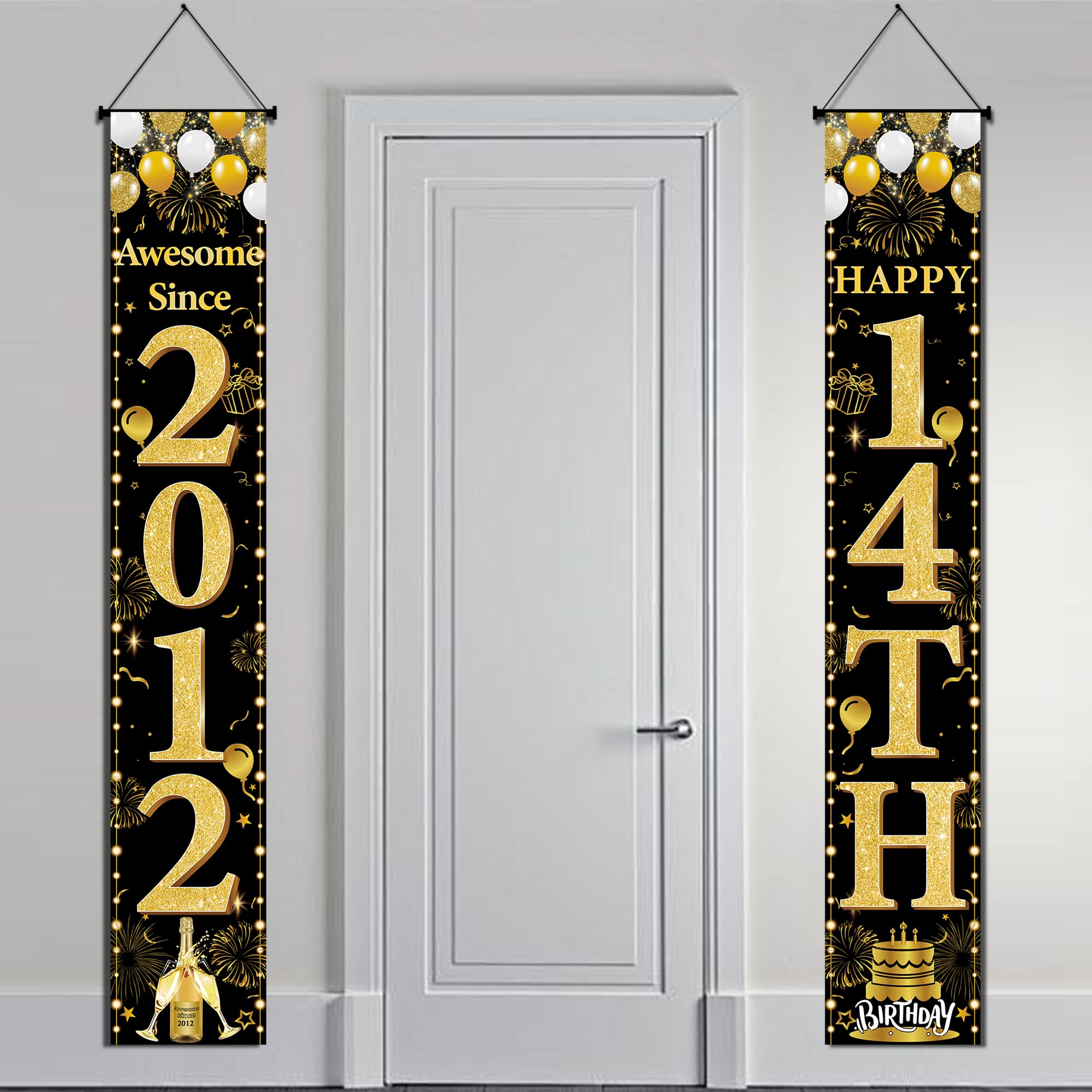 14th Birthday Decorations Door Banner - Black Gold Awesome Since 2012 Happy 14th Birthday Party Door Porch Sign for Teenager Girls Boys Party Photo Booth Background Decor, 180 × 30 cm
