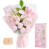 NUKAYAI Crochet Flower Bouquet, Pink Crocheted Flowers Handmade Knitted Flowers Bouquet for Valentines Birthday Crochet Tulips Rose Bouquets Gifts for Flower Lovers (Including Gift Box and Card)