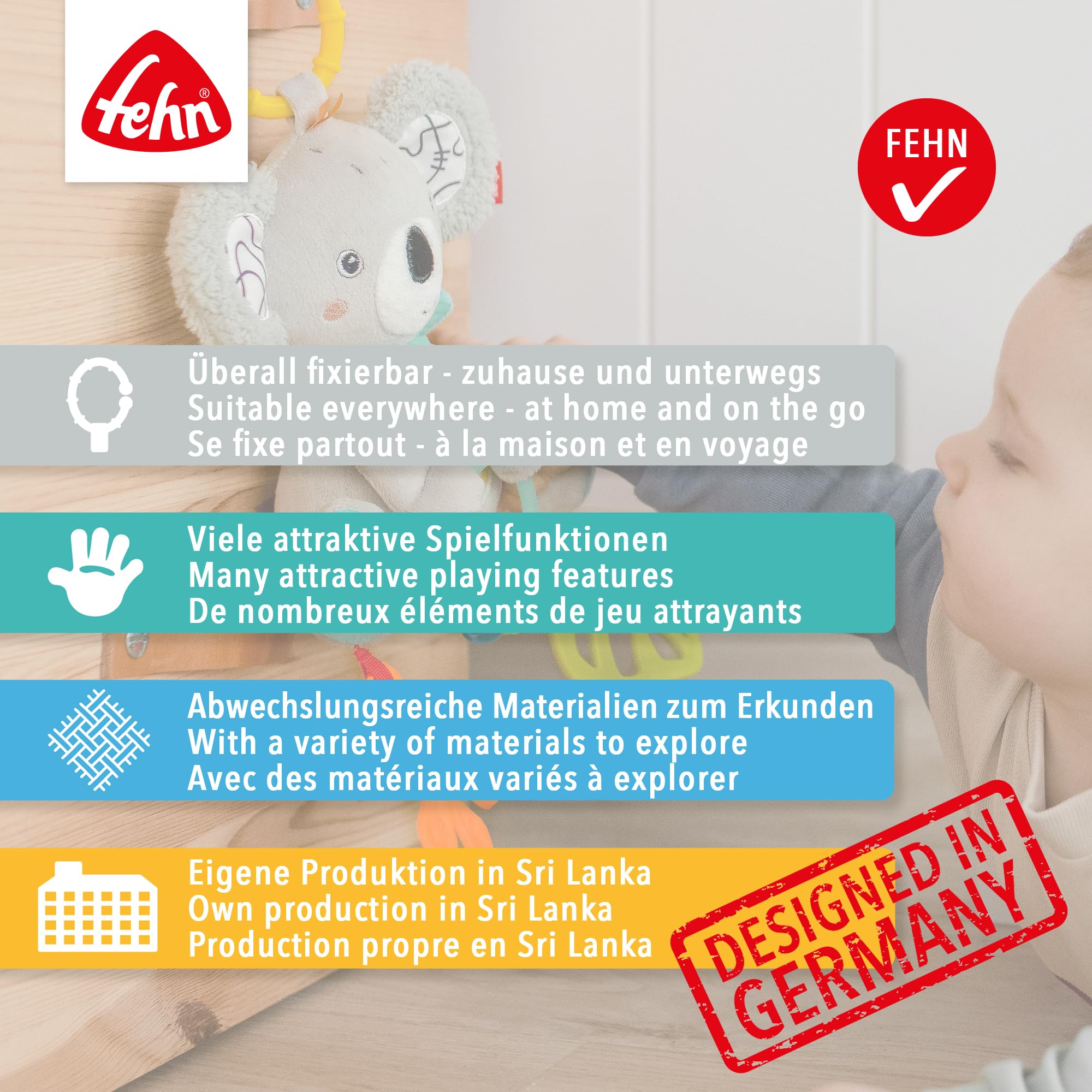 Fehn Activity-Spieltier Fledermaus – Baby Motorikspielzeug für Kinderwagen, Kinderbett und Babyschale zum Beißen, Greifen und Geräusche erzeugen - Beißring Spielzeug für Babys und Kinder ab 0+ Monaten 6