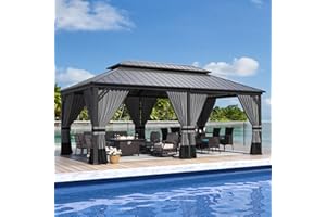 ALAULM 12'x20' Hardtop Gazebo, Outdoor Double Roof Canopy with Netting and Curtains, Galvanized Metal Frame, Sunshade for Patio, Backyard, Deck and Lawns-Gray