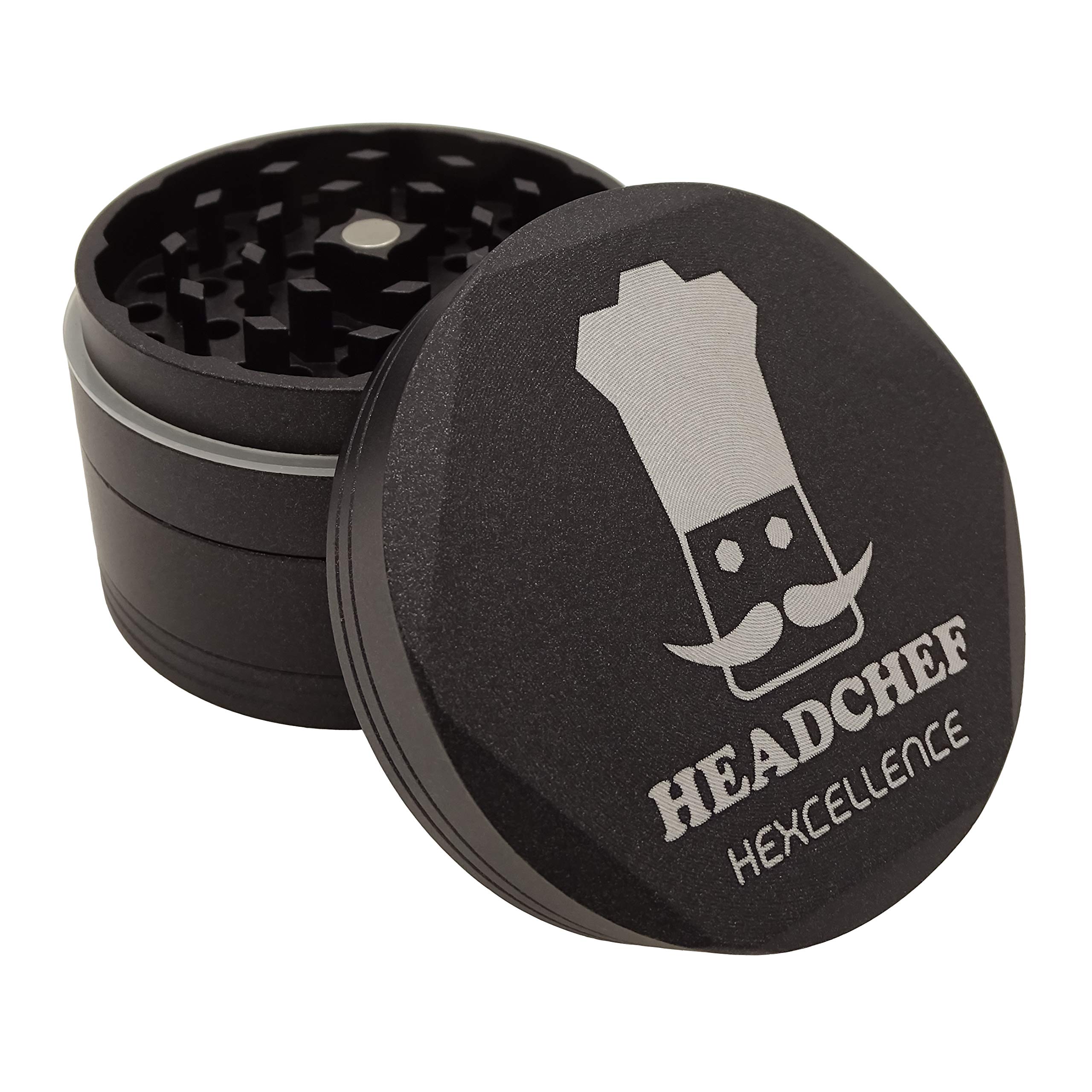 Headchef Hardcore Hexellence Ceramic Non-Stick Coated Metal Herb Grinder, 4 Piece, 62mm (Black)