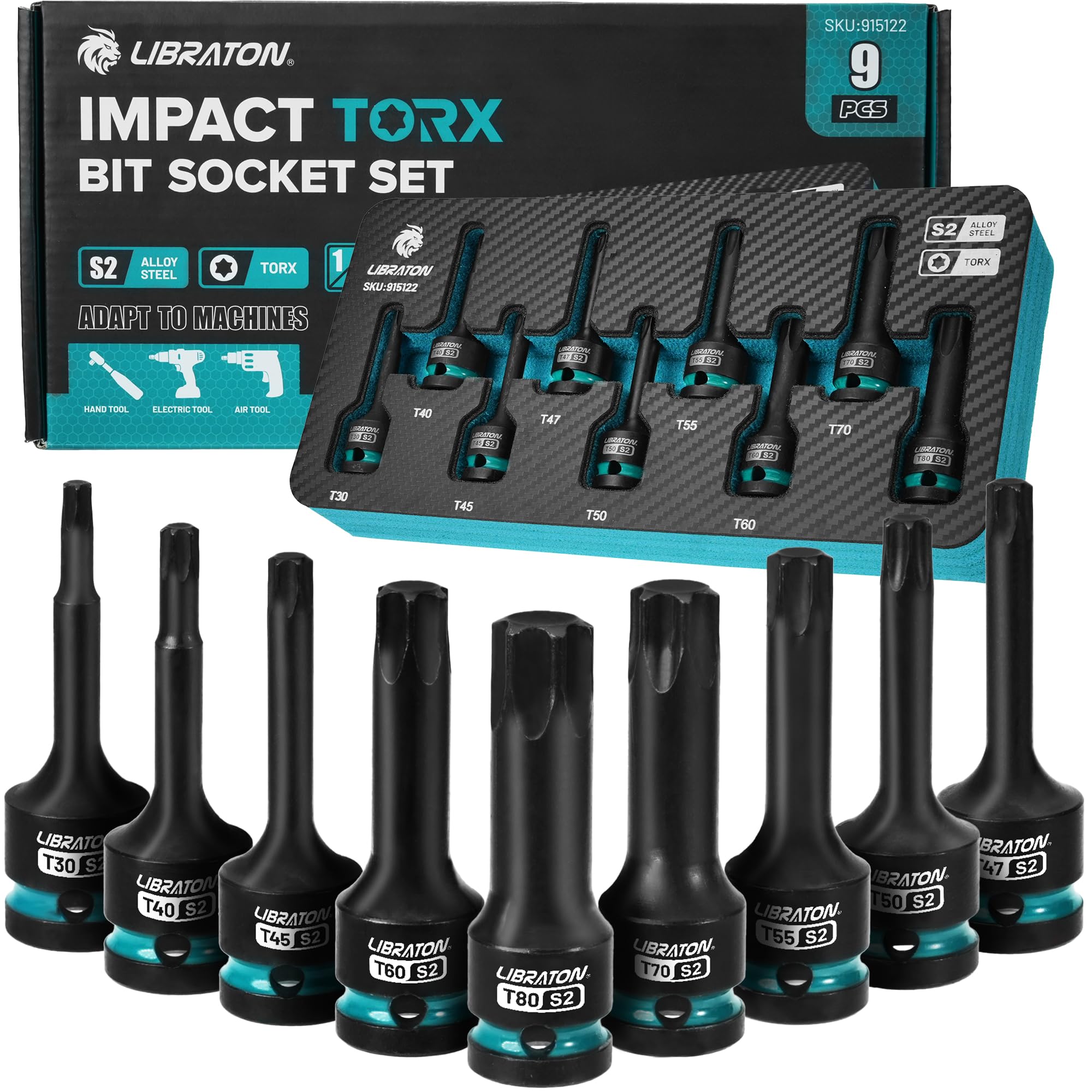 LIBRATON Schlag Torx Bit Steckschlüssel Set, 1/2” Kraft, S2-Stahl, 9-tlg Schlag-Stern-Bit-Steckschlüsselsatz T30-T80, Torx-Steckschlüssel, Bits-Steckschlüsselsatz, XPE-Aufbewahrung, Autoreparatur