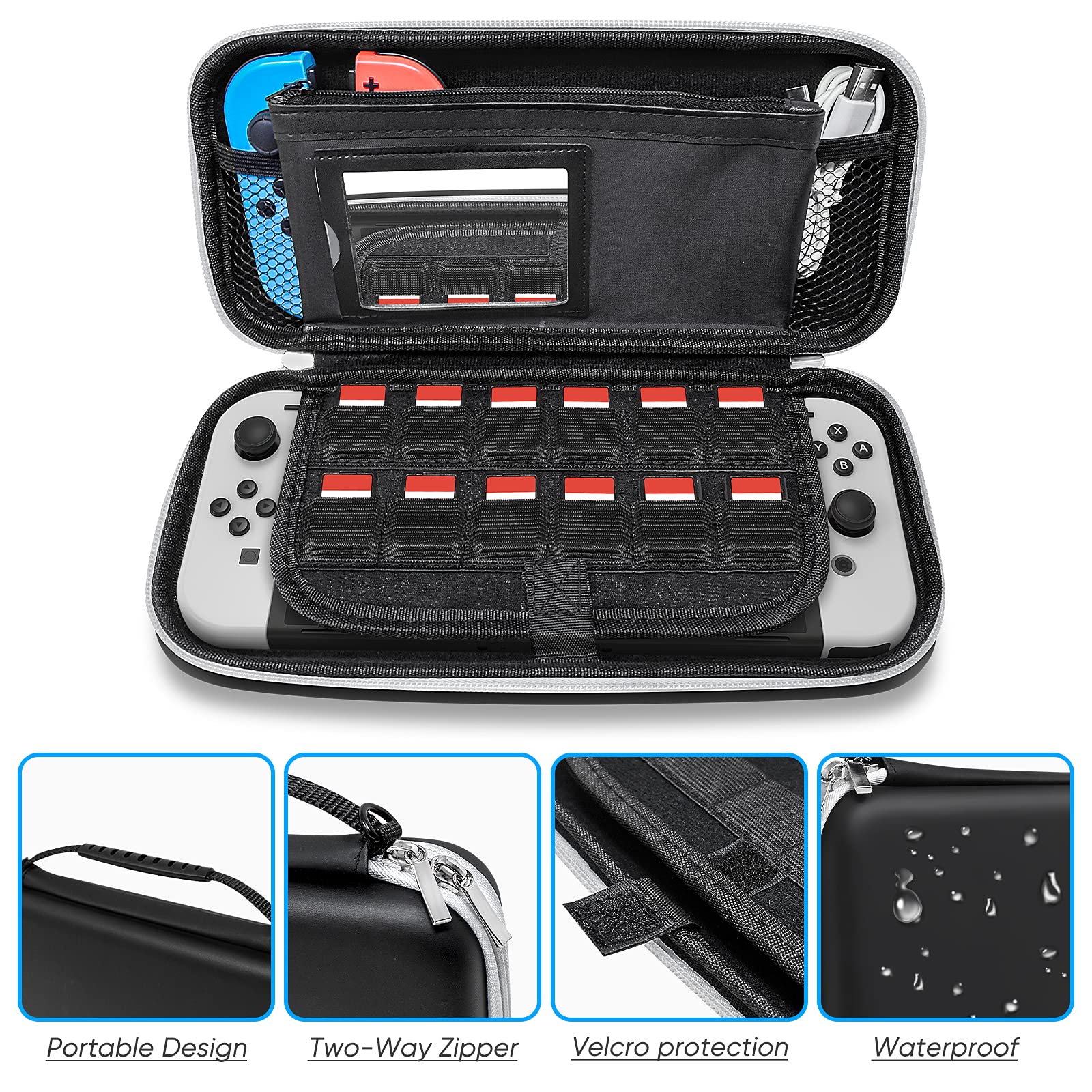 FYOUNG Zubehör Bundle Kompatibel mit Nintendo Switch OLED-Modell mit Tragetasche und Schutzhülle Tragbarer Tasche für Switch OLED & Hülle & Displayschutz & Joystick Kappen - Schwarz 3
