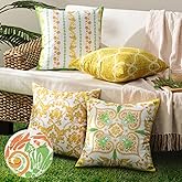 Phantoscope Pack of 4 Outdoor Pillows Waterproof Boho Geometric Outdoor Throw Pillow Covers, Decorative Floral Patio Pillows Square Cushion Case for Couch Tent Sunbrella, Yellow/Green, 18x18 Inches