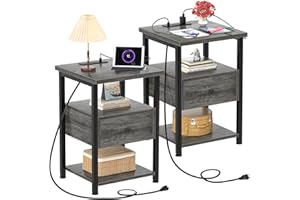 Ecoprsio Nightstand Set of 2, Nightstands with Charging Station, End Table Bedside Table with USB Port, Modern Nightstands with Drawers Storage Shelf, Wood Night Stands for Bedroom, Sofa Couch, Grey