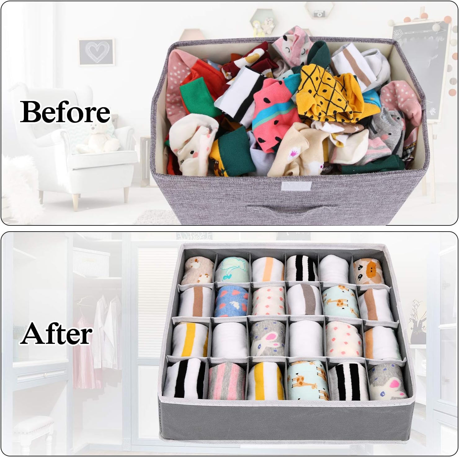 Joyoldelf Sock Drawer Organizer Divider 2 Packs Underwear Organizer, 24 Cell Collapsible Closet Cabinet Organizer Underwear Storage Boxes for Storing Socks, Bra, Handkerchiefs, Ties, Belts (Grey): Home & Kitchen