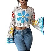 OYOANGLE Women's Sweater Floral Print Lightweight Casual Long Sleeve Loose Crochet Hollow Out Crop Top Pullover Sweater