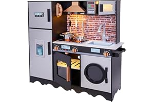 Lil' Jumbl Jumbl Kids Kitchen Set, Pretend Wooden Play Kitchen, Battery Operated Icemaker, Microwave, Range Hood, Stove Top, Oven, with Realistic Sound & Lights, Pots, Pan, & Utensils Included