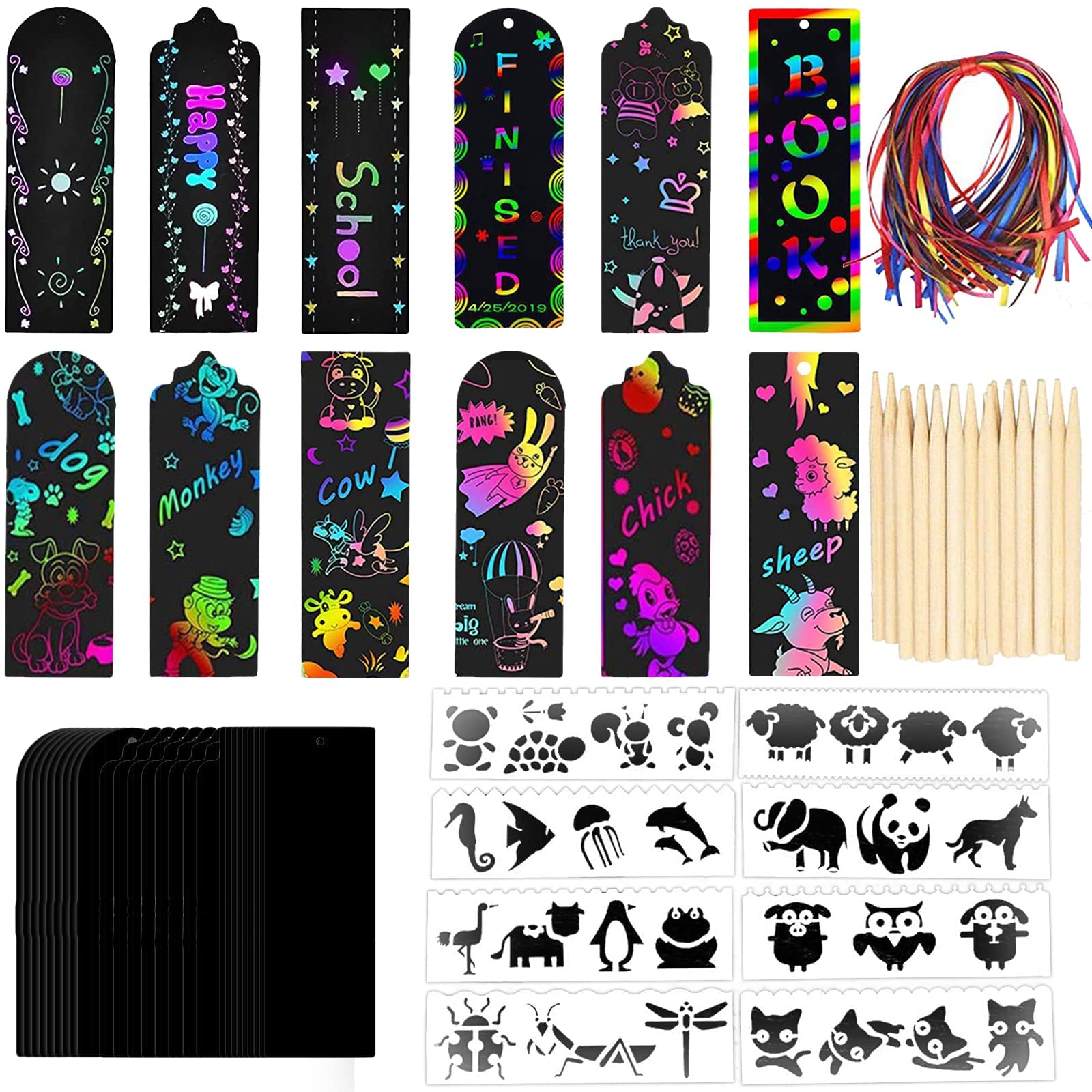 ZOCONE 108 PCS Black Scratch Bookmarks, 36 PCS DIY Bookmarks for Kids Animal Bookmark for Children with 36 Colourful Ribbons+36 Wooden Scratch Pen, Scratch Art Bookmark Party Bag Fillers for Kids