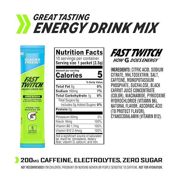 FAST TWITCH ENERGY DRINK MIX FROM GATORADE POWDER STICKS, GLACIER FREEZE, 0.08OZ INDIVIDUAL PACKETS,10 PACK, ZERO SUGAR, CAFFEINE, ELECTROLYTES