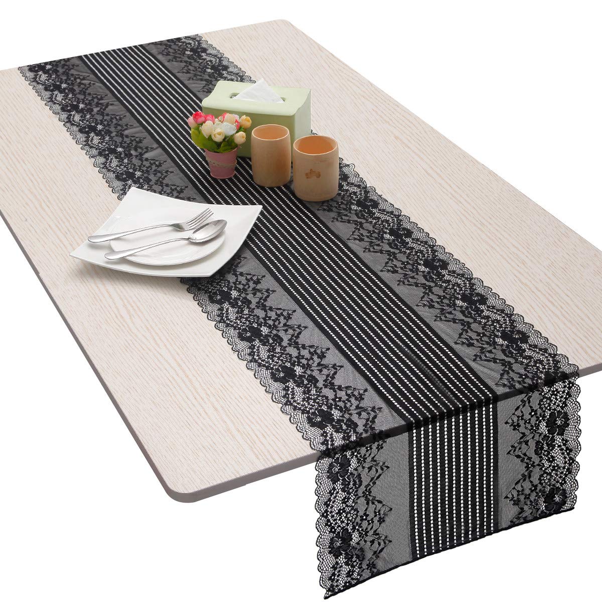 Nupuyai Lace Table Runner for Home Coffee Table, Stripe Embroidery Flower Wedding Party Table Top Decoration 173cm