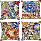 HIKENVIU Boho Floral Throw Pillows Covers Colorful Flowers Decorative Pillow Cases for Sofa Couch Bedroom Living Room Decor Farmhouse Cushion Covers 18x18 Inches Set of 4