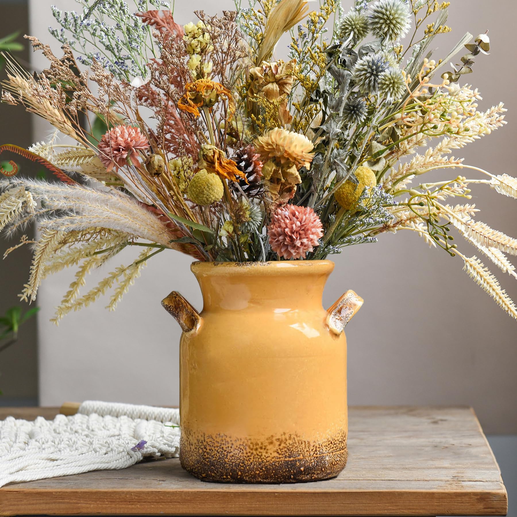 Photo 1 of Quoowiit Ceramic Rustic Farmhouse Vase, Distressed Decorative Flower Vase for Home Decor, Ideal Shelf Decor, Yellow Boho Vases for Living Room Bedroom Kitchen Office Centerpiece Table Decorations