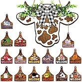Suzile 16 Pcs Cow Decor Welcome Sign Wooden Cow Head Door Wreath Sign with Buffalo Plaid Bow Interchangeable Hanging Ornaments for Christmas Farmhouse Home Front, 16.5 x 12 Inch