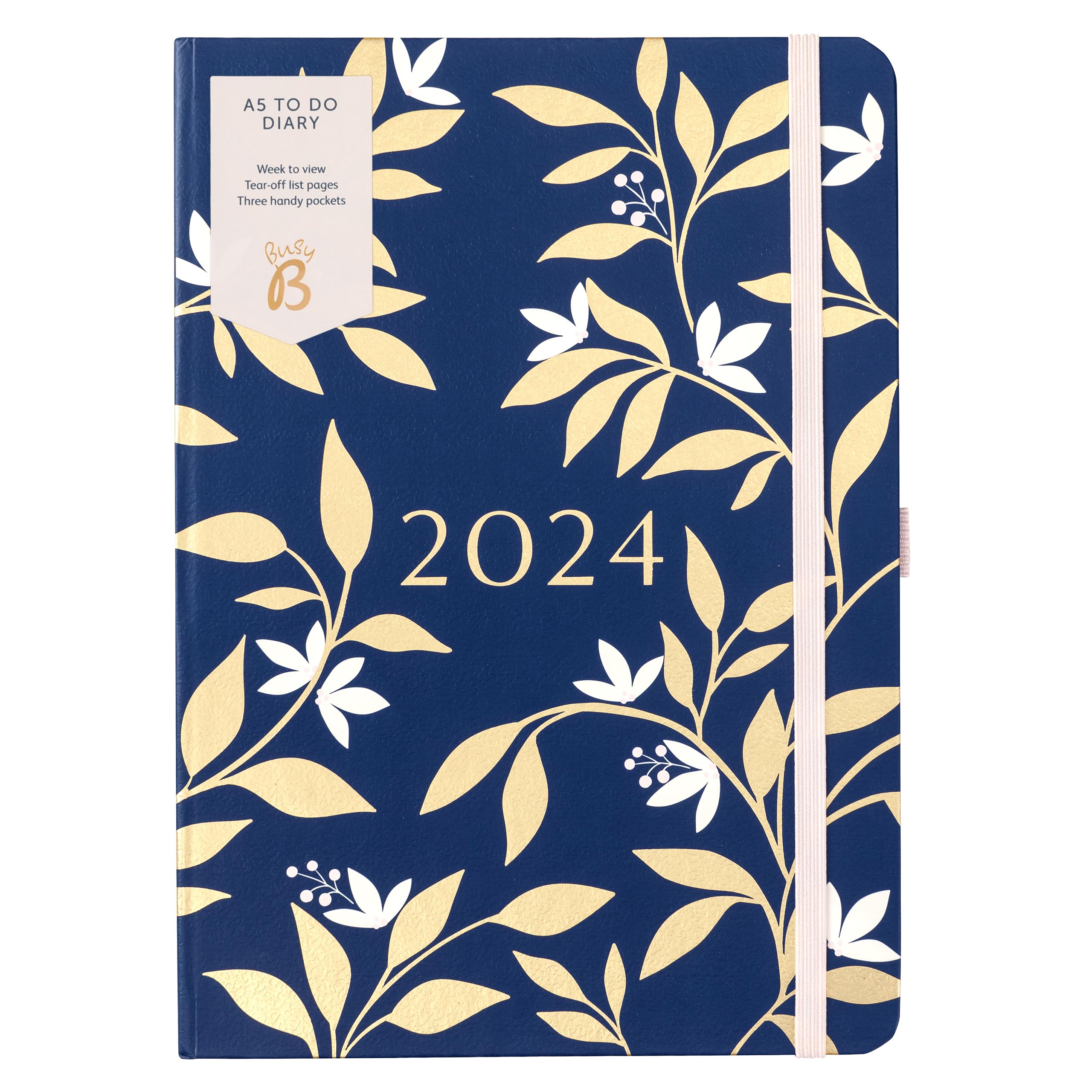Busy B A5 To Do Diary January to December 2024 - Navy and Gold Floral - Week to View Diary with Notes, Tear-Out Lists & Pockets โ image 1