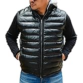 Jild Lambskin Leather Puffer Vest with Removable Hood - Stand Collar Casual Style Sleeveless Leather Jacket Men