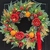 Pinkpuii Pre-lit Christmas Wreaths for Front Door- 24 Inch Outdoor Christmas Wreath with Lights,Green Lighted Xmas Door Wreath with Pinecones,Red Flowers and Orange Berries for Holiday Decor