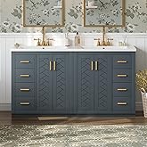 60 Inch Dark Blue Bathroom Vanity with Double Sink,Modern Double Sink Vanity with 6 Side Drawers & 2 Spacious Cabinets,Soft C