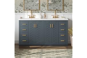 THINK 30 60 Inch Dark Blue Bathroom Vanity with Double Sink,Modern Double Sink Vanity with 6 Side Drawers & 2 Spacious Cabinets,Soft Closing Doors with Gold Handles,Solid Wood Frame,Herringbone Front(2 * 30)