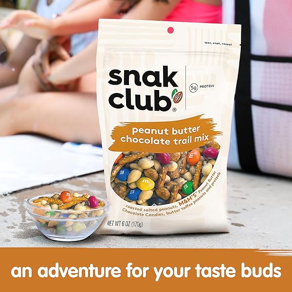 SNAK CLUB PEANUT BUTTER CHOCOLATE TRAIL MIX WITH PEANUTS, PEANUT BUTTER M&M’S, TOFFEE PEANUTS, AND PRETZELS, 11 OZ RESEALABLE BAG