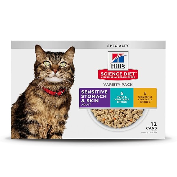 HILL’S SCIENCE DIET ADULT SENSITIVE STOMACH & SKIN WET CAT FOOD VARIETY PACK, TUNA & VEGETABLE, CHICKEN & VEGETABLE, 2.9 OZ. CANS, 12-PACK