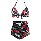 COCOSHIP Sparrow & Red Lightcyan Floral Print Halter High Waisted Two Piece Bikini Bow Front Vintage Bathing Suit XXXL(FBA)