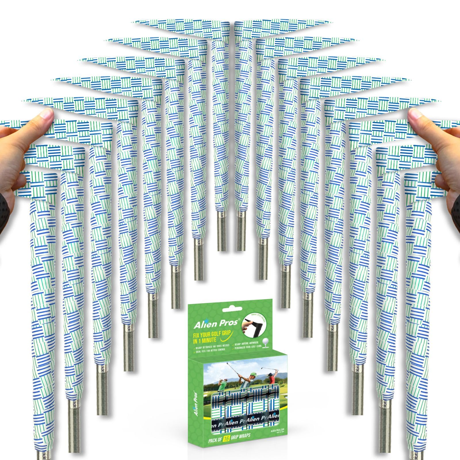 Alien Pros Golf Grip Wrapping Tapes (16-Pack) - Innovative Golf Club Grip Solution - Enjoy a Fresh New Grip Feel in Less Than 1 Minute (16-Pack, Criss Cross)