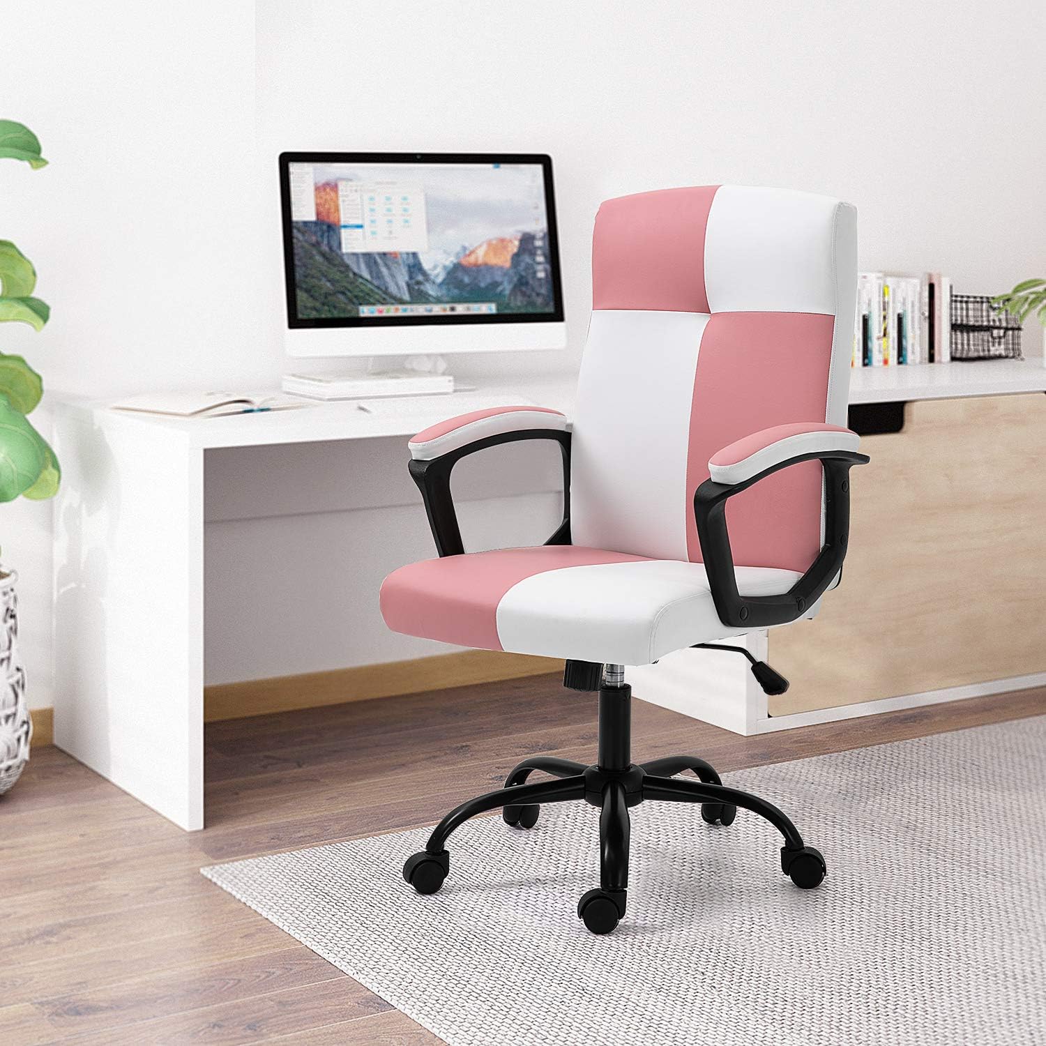 KERMS Mid-Back Ergonomic Office Faux PU Leather Chair Executive Computer Desk Chairs Managerial Executive Chairs with Metal Base and Padded Armrests (Pink & White): Kitchen & Dining