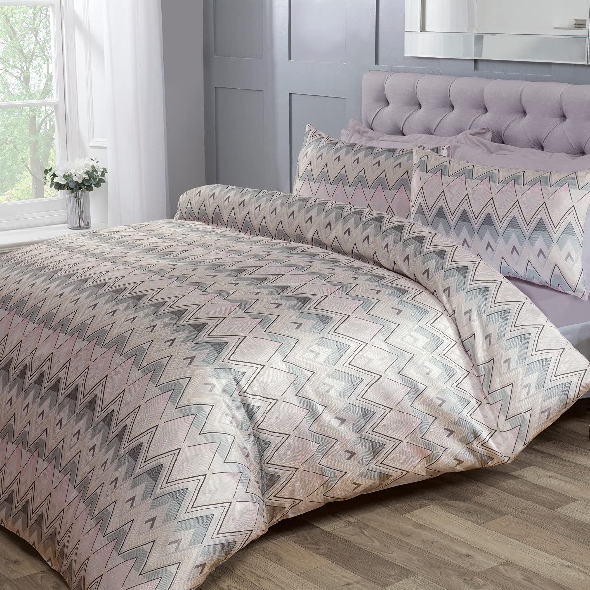 Sleepdown Chevron Jacquard Zig Zag Geometric Stripe Soft Pink Grey Luxury Duvet Cover Quilt Bedding Set with Pillowcases - Double (200cm x 200cm)